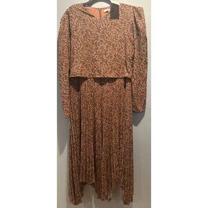 Women's Size L Brown Floral Pleated Ruffle Midi Dress NWT Cottagecore VTG Boho